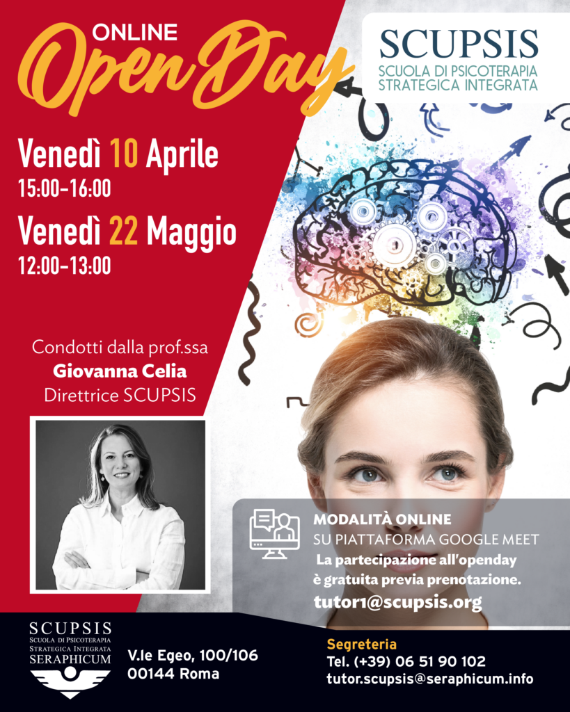 OPEN DAY SCUPSIS
Venerdì 10 Aprile dalle ore 15.00 alle ore 16.00 e Venerdì 22 Maggio dalle ore 12:00 alle ore 13:00