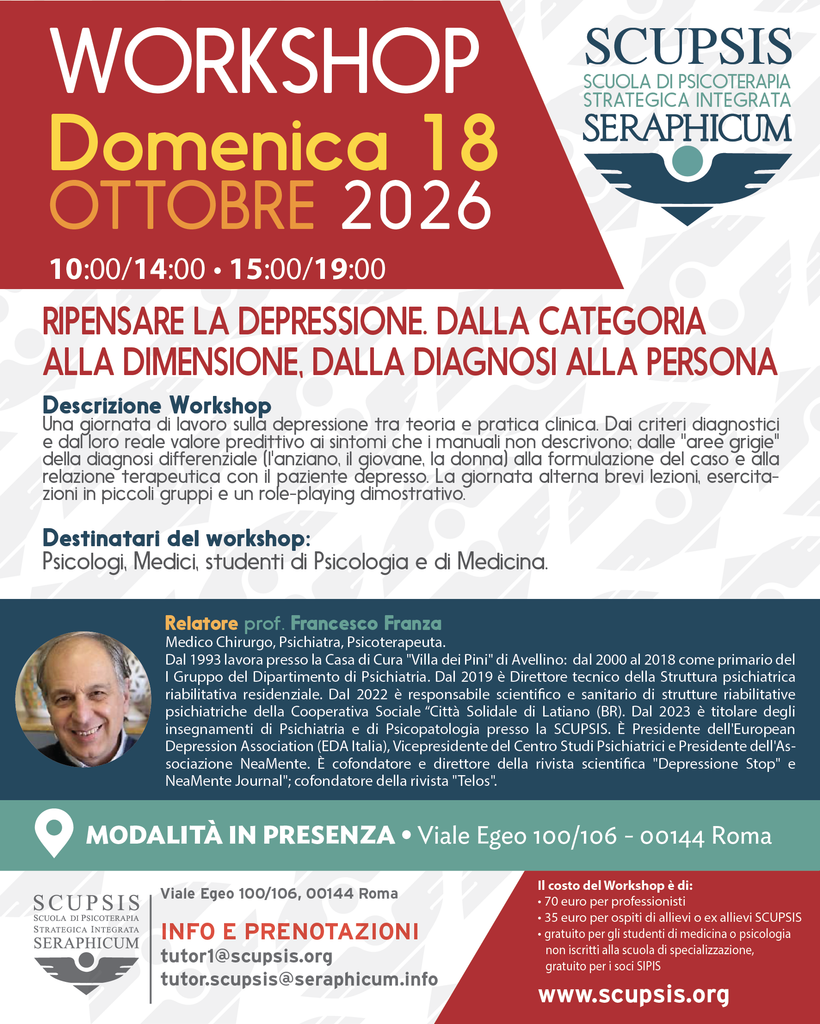 Locandina del workshop SCUPSIS “Ripensare la depressione” con Francesco Franza, in programma il 18 ottobre 2026 a Roma.